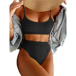 High Waisted Tummy Control Ribbed Bikini Crop Top Brazilian Swimsuit Set 2 Piece